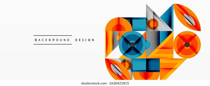 Abstract geometric shapes overlap, creating vibrant design. Orange, blue, gray tones dominate composition. Modern aesthetic.