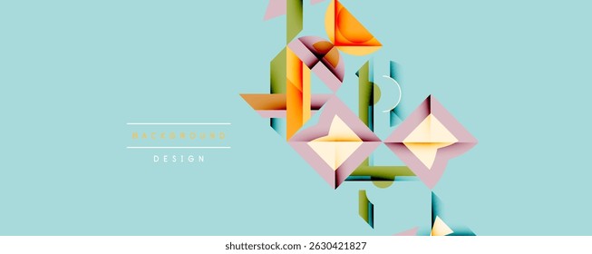 Abstract geometric shapes overlap, creating dynamic composition. Light blue background enhances colorful design elements. Modern aesthetic.