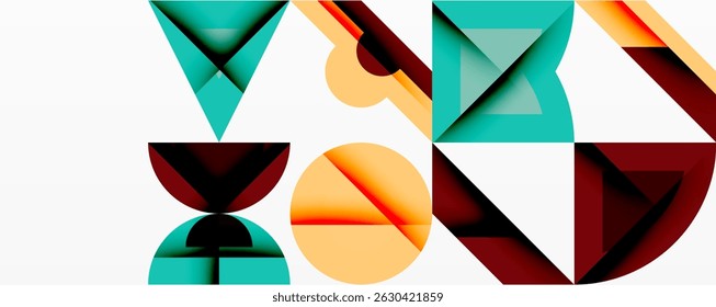 Abstract geometric shapes overlap, creating dynamic composition. Teal, orange, maroon hues dominate white background. Modern design.