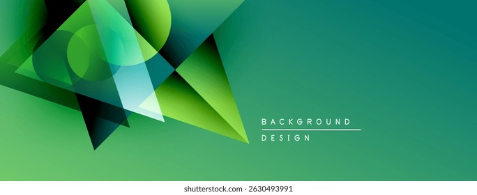 Abstract geometric shapes overlap, creating dynamic green gradient background. Modern design elements suggest innovation, technology.