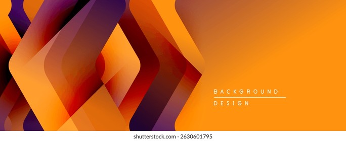 Las Formas geométricas Abstractas se superponen, creando vibrantes Gradientes naranjas y morados. El diseño moderno sugiere movimiento dinámico, profundidad visual.