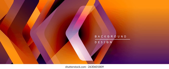 Abstract geometric shapes overlap, creating vibrant orange, purple gradients. Modern design suggests technology, innovation, energy.