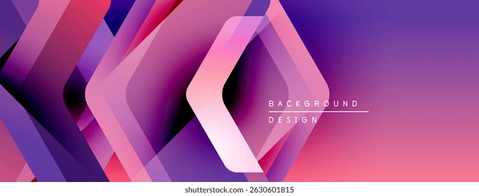 Abstract geometric shapes overlap, creating vibrant purple, pink gradient. Modern design suggests technology, innovation, energy.
