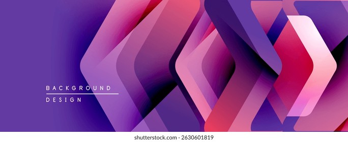 Abstract geometric shapes overlap, creating vibrant purple, pink gradients. Modern design suggests technology, innovation, dynamic visuals.