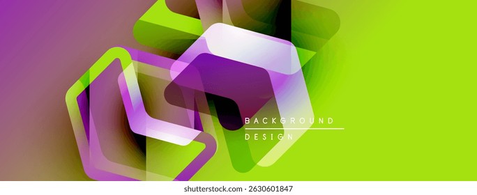 Abstract geometric shapes overlap, creating vibrant purple, green hues. Modern design element for backgrounds, presentations.