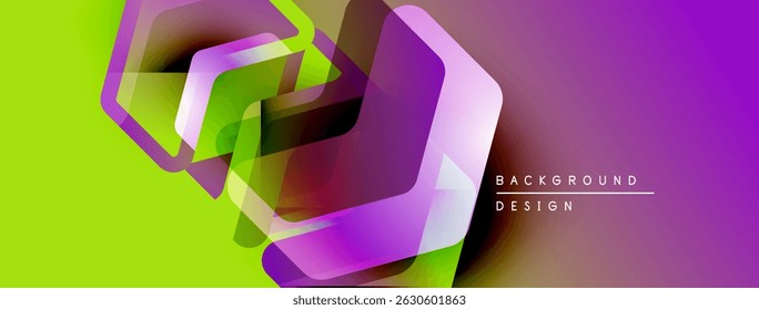 Abstract geometric shapes overlap, creating vibrant color gradients. Green, purple hues dominate design, suggesting modern aesthetic.