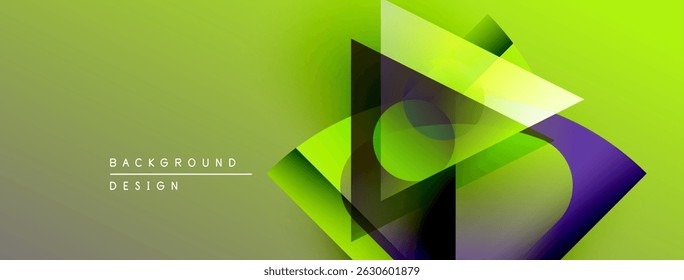 Formas geométricas abstratas se sobrepõem, criando gradientes verdes vibrantes e roxos. Elemento de design moderno para fundos, apresentações.