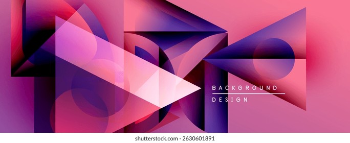 Abstract geometric shapes overlap, creating vibrant pinks, purples, blues. Modern design suggests dynamic movement, visual interest.