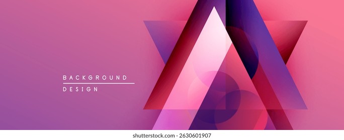 Abstract geometric shapes overlap, creating vibrant pink purple gradient background. Modern design elements suggest innovation, technology.