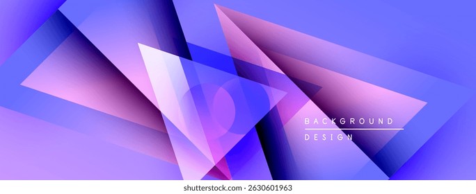 Abstract geometric shapes overlap, creating vibrant purple gradients. Modern design suggests technology, innovation, future concepts.
