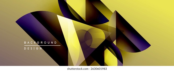 Abstract geometric shapes overlap, creating dynamic visual effect. Yellow, purple hues dominate composition. Modern design element.