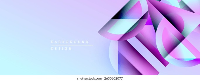 Abstract geometric shapes overlap, creating vibrant purple, pink hues. Light gradients blend into soft blue background. Modern design element.