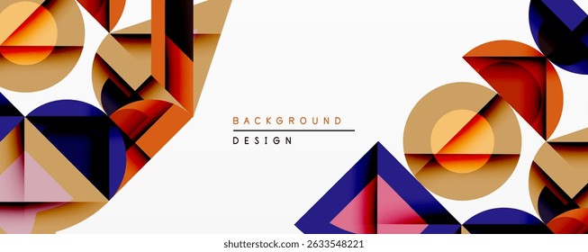 Abstract geometric shapes overlap, creating dynamic composition. Warm colorsorange, brown, beigecontrast cool blues. Minimalist design suitable for backgrounds, presentations. Modern aesthetic.