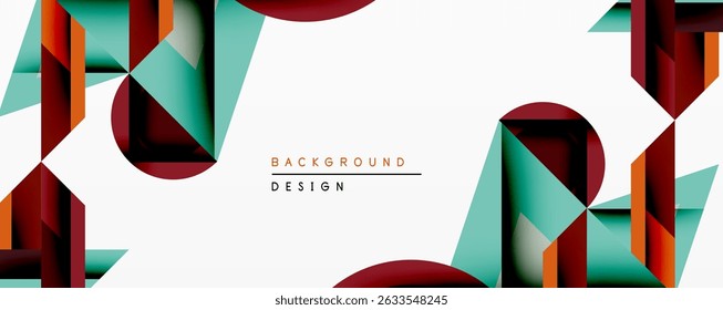 Abstract geometric shapes overlap, creating dynamic composition. Colors include burgundy, teal, orange, plus white background. Modern design element for backgrounds or banners.