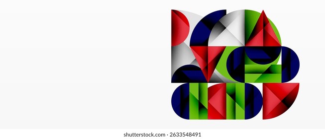 Abstract geometric shapes overlap, creating colorful composition. Red, green, blue, gray dominate design. Minimalist style.