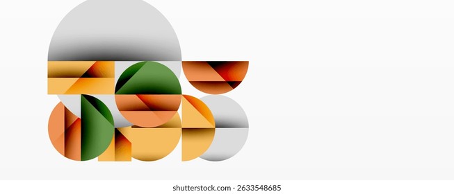 Abstract geometric shapes overlap, creating layered composition. Warm tones dominate, with muted greens, oranges, yellows present. Minimalist design.