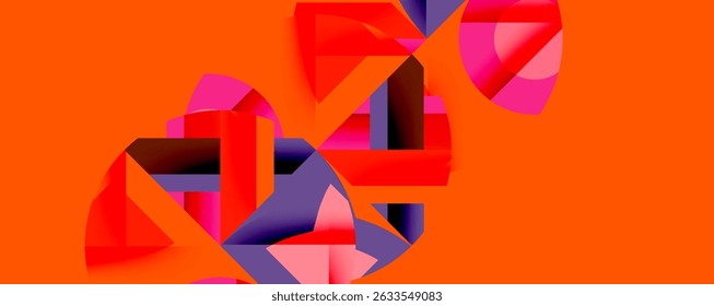 Abstract geometric shapes overlap, creating vibrant composition. Orange background emphasizes red, purple, pink forms. Modern design.