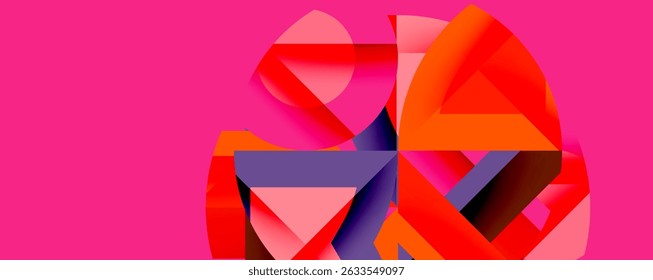Abstract geometric shapes overlap, creating vibrant pink, purple, orange composition. Modern design, bold colors dominate visual space.