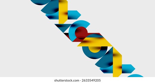 Abstract geometric shapes overlap, creating dynamic composition. Colors include blue, yellow, red against white background. Modern design.