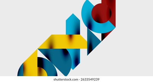 Abstract geometric shapes overlap, creating vibrant color blocks. Yellow, red, blue hues dominate composition. Minimalist design.