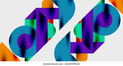 Abstract geometric shapes overlap, creating vibrant color gradients. Design features bold curves, sharp angles, modern aesthetic.