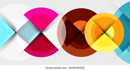 Abstract geometric shapes overlap, creating vibrant color patterns. Circles, squares, lines form dynamic composition. Modern design elements present.