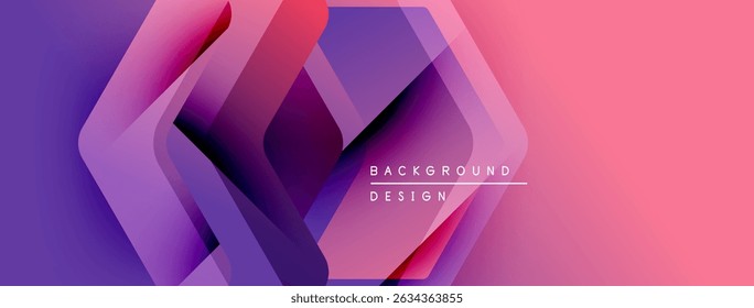 Formas geométricas abstratas se sobrepõem, criando vibrantes gradientes roxos e rosa. O design moderno sugere tecnologia, inovação, movimento dinâmico.