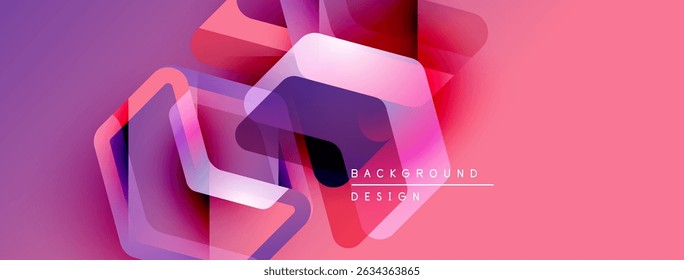 Formas geométricas abstratas se sobrepõem, criando vibrantes gradientes roxos e rosa. Elementos de design modernos sugerem arte digital, composição dinâmica.