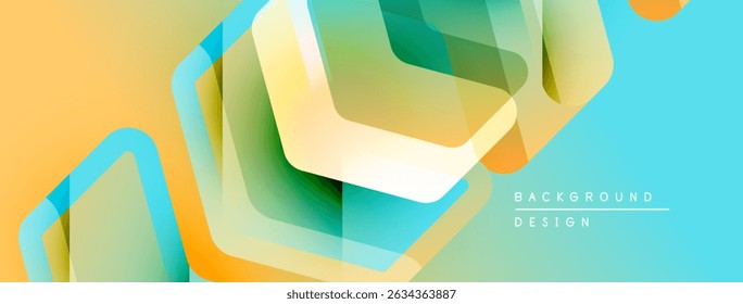 Abstract geometric shapes overlap, creating vibrant color gradients. Modern design features smooth transitions, teal, yellow hues.