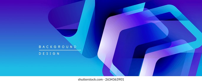 Abstract geometric shapes overlap, creating vibrant blue gradient background. Modern design elements suggest technology, innovation.