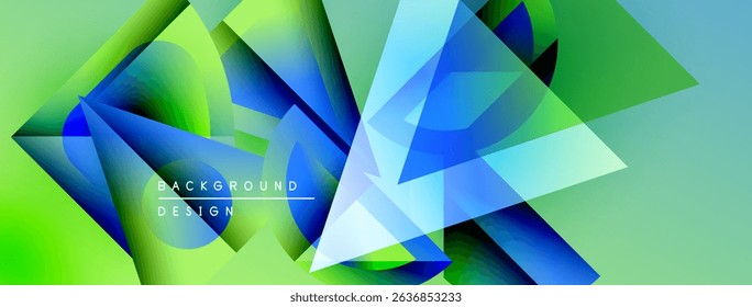 Abstract geometric shapes overlap, creating vibrant gradients. Blue, green hues dominate design, suggesting modern aesthetic. Background text present.