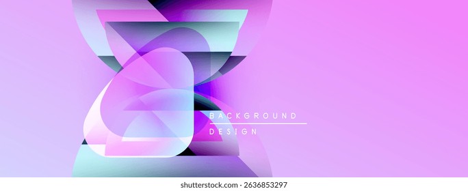 Abstract geometric shapes overlap, creating vibrant pink, purple gradients. Modern design elements suggest background use. Minimalist text present.