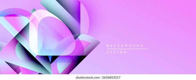 Abstract geometric shapes overlap, creating vibrant purple, blue gradients. Modern design element for backgrounds, presentations.