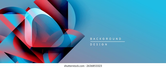 Abstract geometric shapes overlap, creating vibrant blue, red gradients. Background design text present. Modern aesthetic.
