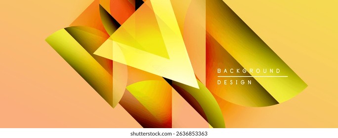 Abstract geometric shapes overlap, creating vibrant orange, yellow gradients. Modern design feels dynamic, energetic. Background text reads background design.