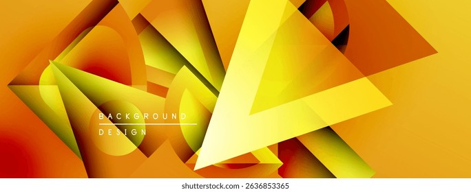 Abstract geometric shapes overlap, creating vibrant orange, yellow gradients. Modern design elements suggest dynamic energy, visual texture.