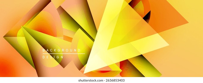 Abstract geometric shapes overlap, creating vibrant orange, yellow gradients. Design features sharp angles, dynamic composition. Modern background texture.