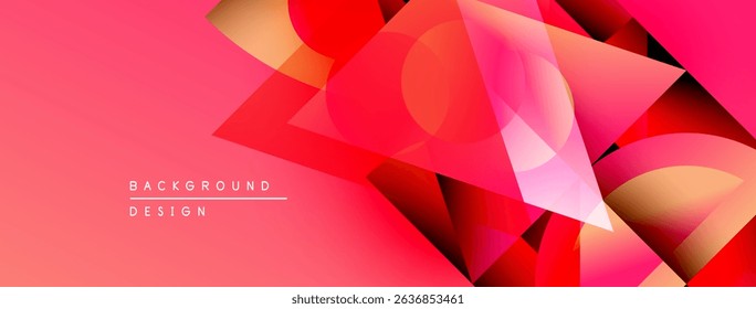 Abstract geometric shapes overlap, creating vibrant red gradient background. Design features dynamic composition, modern aesthetic.