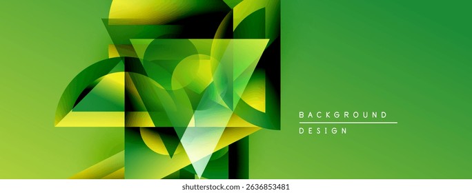 Abstract geometric shapes overlap, creating vibrant green gradients. Modern design suggests energy, movement, depth. Minimalist style, clean aesthetic.