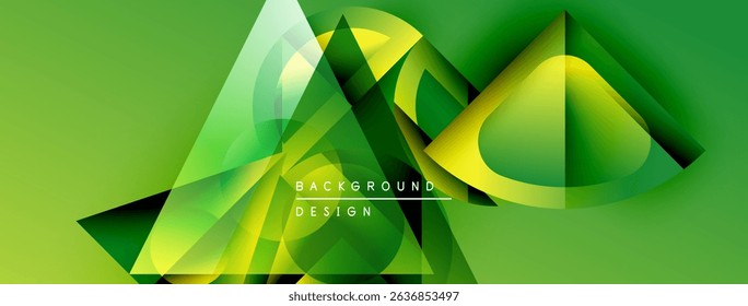 Abstract geometric shapes overlap, creating vibrant green background. Modern design features translucent layers, gradients, dynamic composition.