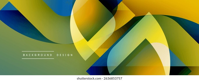 Abstract geometric shapes overlap, creating vibrant color gradients. Yellows, greens, blues blend seamlessly. Modern design element.