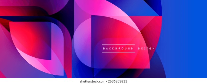 Abstract geometric shapes overlap, creating vibrant color gradients. Pink, purple, blue hues dominate composition. Modern design element.