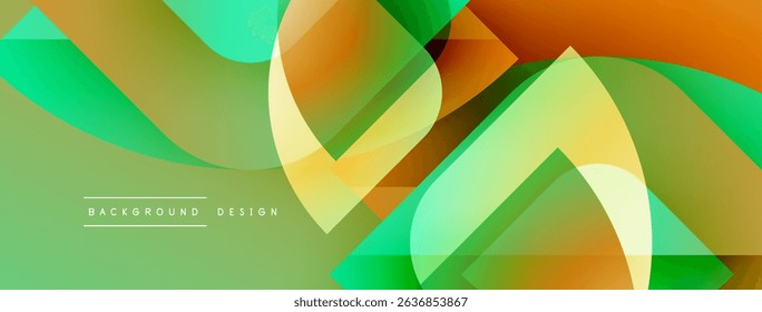 Abstract geometric shapes overlap, creating vibrant gradients. Green, yellow, orange hues dominate design. Modern background texture.