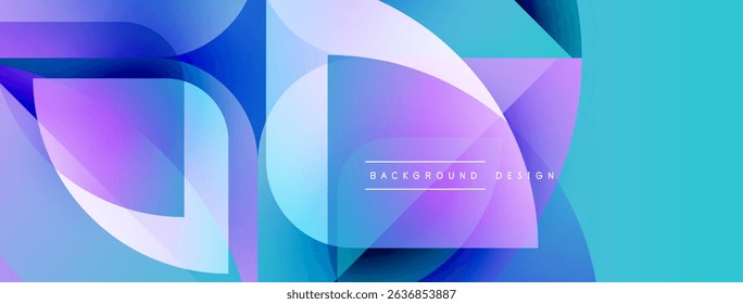 Abstract geometric shapes overlap, creating vibrant blue, purple gradients. Modern design elements suggest fluidity, innovation.