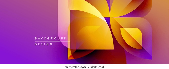 Abstract geometric shapes overlap, creating vibrant purple, orange, yellow gradients. Modern design element for backgrounds, presentations.