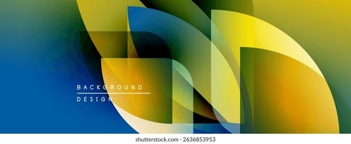 Abstract geometric shapes overlap, creating vibrant color gradients. Yellows, blues, greens blend smoothly. Text reads background design. Modern visual composition.