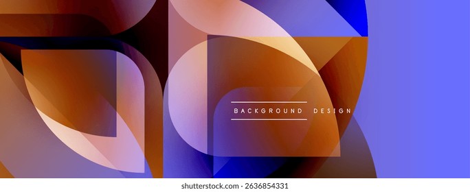 Abstract geometric shapes overlap, creating vibrant color gradients. Blue, orange, purple hues dominate composition. Modern design element.