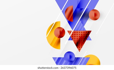 Abstract geometric shapes overlap, creating vibrant composition. Colors include blue, red, yellow, orange. Modern design elements present.