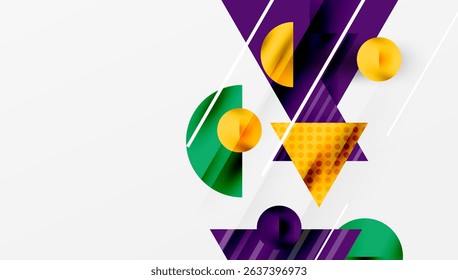 Abstract geometric shapes overlap, creating vibrant composition. Yellow, purple, green hues dominate white background. Modern design elements present.