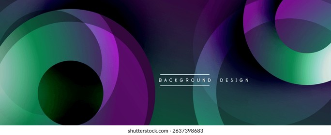 Abstract geometric shapes overlap, creating vibrant purple, green gradients. Modern design element for backgrounds, banners, presentations.